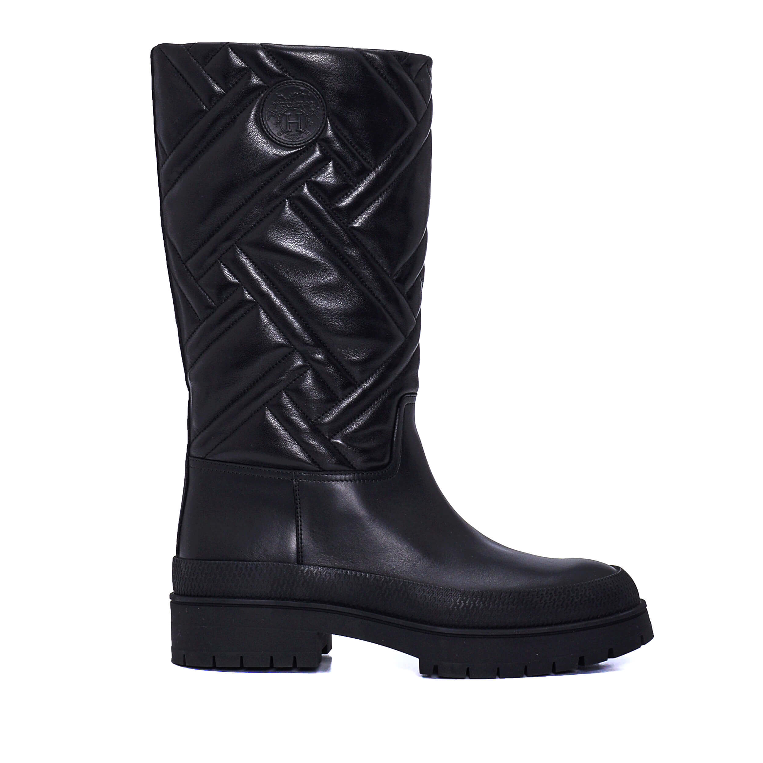 Hermes - Black Leather Hermes Logo Detail Long Boots